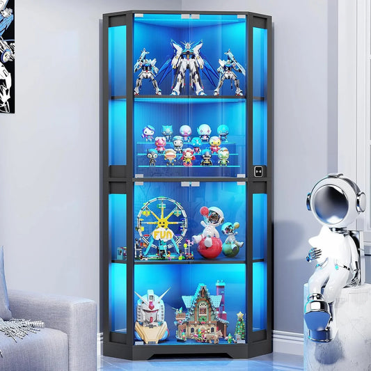 Corner Display Cabinet with Glass Doors, 65" Lighted Curio Cabinet with 3 Color Lights