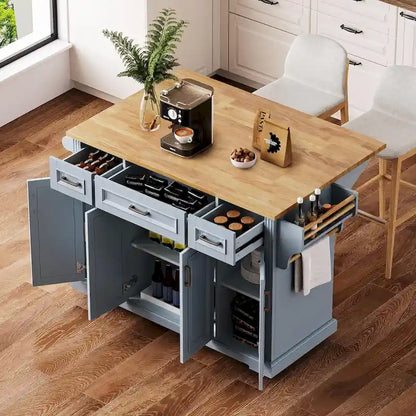 54  Large Kitchen Island with Rubber Wood Drop Leaf, Embossed Texture Rolling Kitchen Cart on 4 Wheels with 4 Doors & 3 Drawers