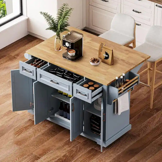 54  Large Kitchen Island with Rubber Wood Drop Leaf, Embossed Texture Rolling Kitchen Cart on 4 Wheels with 4 Doors & 3 Drawers