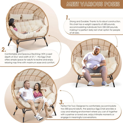 RADIATA Double Egg Chair for 2 Person, Oversized Wicker Loveseat with Thick Cushions, 680 lbs Capacity, Indoor Outdoor Stationary Patio Lounge Chair for Balcony, Garden, Beige