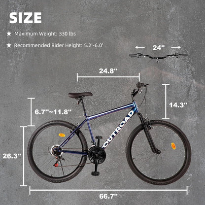 Outroad 26 Inch Mountain Bike, 21-Speed/High-Carbon Steel/Aviation Grade Frame, Dual Disc/V Brake, Adjustable Ergonomic Seat Bycycle for Men Women Adult, Quick Assembly in 20 Minutes
