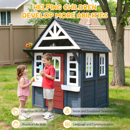 COCLUB Outdoor Playhouse for Kids Ages 4-8, Wooden Play House with Doorbell, Phone, Kitchen Toys, Outdoor Kids Play Equipment, Casa Para Ni?as (45L x 65H), White & Black