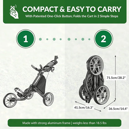 3Wheel Golf Push Cart - Golf Trolley Foldable Collapsible Lightweight Pushcart with Foot Brake - Easy to Open & Close