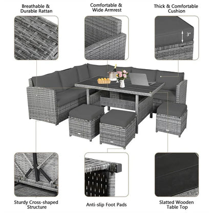 7 Pcs Rattan Patio Dining Furniture Sectional Sofa Set with Dining Table, Ottomans & Cushions