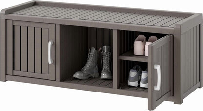 KAMABOKO Outdoor Shoe Storage Cabinet, Waterproof UV-Resistant Entryway Storage Bench Indoor Outdoor with 2 Barn Doors, Adjustable Shelves for Entryway, Bedroom, Hallway,Living Room(Black)