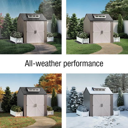 Rubbermaid resin garden shed with floor (2.13 x 2.13 m), weatherproof, grey, for storing garden tools, lawnmowers, bicycles and pool accessories