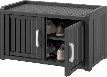 KAMABOKO Outdoor Shoe Storage Cabinet, Waterproof UV-Resistant Entryway Storage Bench Indoor Outdoor with 2 Barn Doors, Adjustable Shelves for Entryway, Bedroom, Hallway,Living Room(Black)