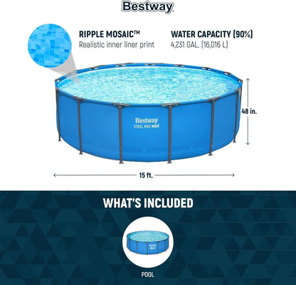 Steel Pro MAX 14 Foot x 48 Inch Round Metal Frame Above Ground Outdoor Swimming Pool Set with 1,000 Filter Pump, Ladder, and Cover, Gray