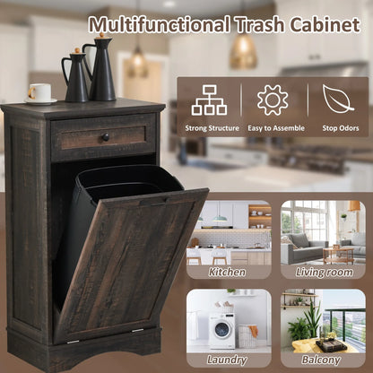 HARIPUL Single Tilt Out Trash Cabinet for 13 Gallon Waste Bin, Free Standing Kitchen Trash Can Cabinet with Drawers, White