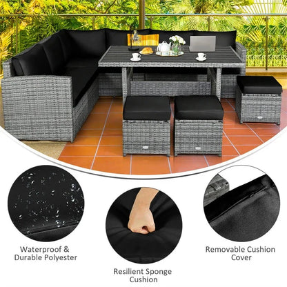 7 Pcs Rattan Patio Dining Furniture Sectional Sofa Set with Dining Table, Ottomans & Cushions