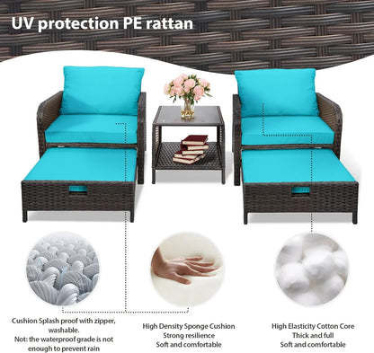 LEVELEVE Balcony Furniture 5 Piece Patio Conversation Set, PE Wicker Rattan Outdoor Lounge Chairs with Soft Cushions 2 Ottoman&Glass Table for Porch, Lawn-Brown Wicker