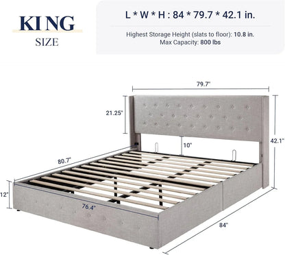 Allewie Queen Size Lift Up Storage Bed, Modern Wingback Headboard, Hydraulic Support, No Box Spring Needed, Light Beige