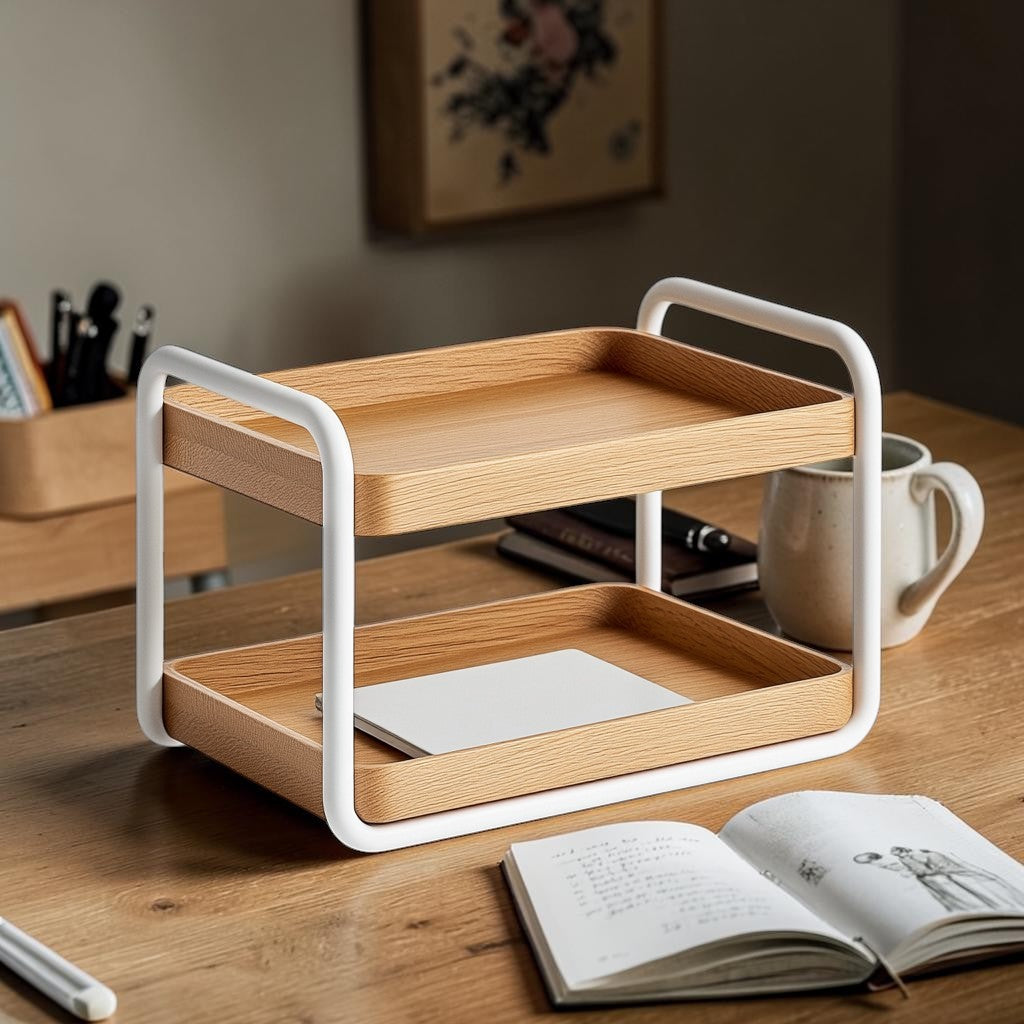 Zxvpk Minimalist Wood & Metal Desktop Storage Shelf - Aesthetic Desk Organizer for Books, Stationery, and Office Supplies - Natural Oak