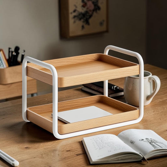 Zxvpk Minimalist Wood & Metal Desktop Storage Shelf - Aesthetic Desk Organizer for Books, Stationery, and Office Supplies - Natural Oak