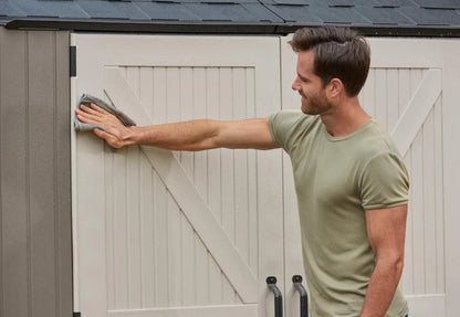 Rubbermaid Resin Outdoor Storage Shed With Floor (7 x 7 Ft) Weather Resistant Gray Organization for Home/Backyard/Garden Tools/Lawn Mower/Bike Storage/Pool Supplies