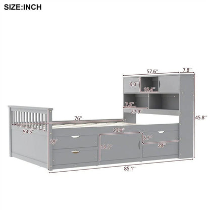 Twin/Full Size Captain Platform Bed with 4 Drawers and Storage Shelves, Solid Wood Bed Frame with Storage Bookcase Headboard