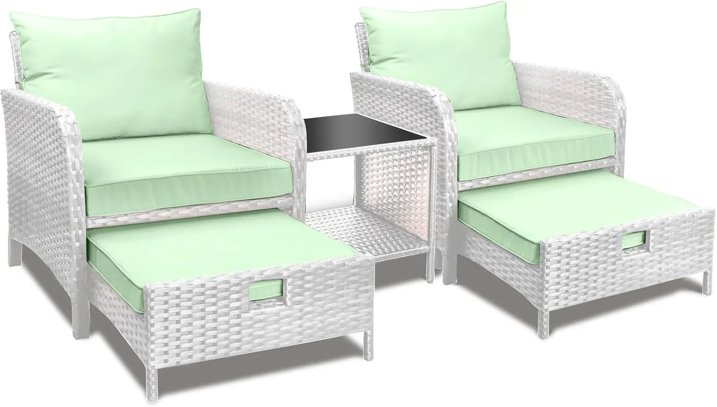 LEVELEVE Balcony Furniture 5 Piece Patio Conversation Set, PE Wicker Rattan Outdoor Lounge Chairs with Soft Cushions 2 Ottoman&Glass Table for Porch, Lawn-Brown Wicker