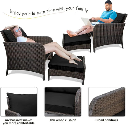 LEVELEVE Balcony Furniture 5 Piece Patio Conversation Set, PE Wicker Rattan Outdoor Lounge Chairs with Soft Cushions 2 Ottoman&Glass Table for Porch, Lawn-Brown Wicker