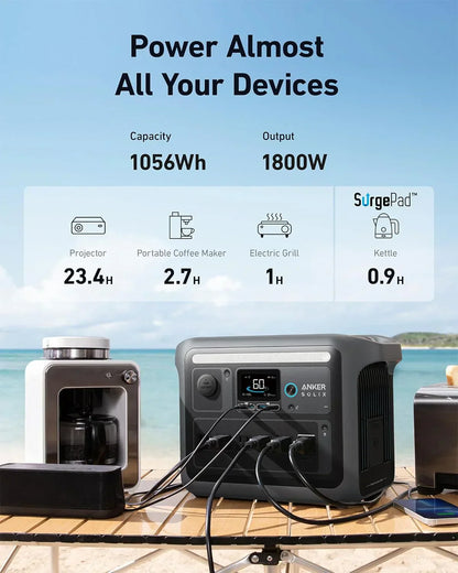 Portable Power Station 1800W (2400W Peak) Solar Generator 58 Minutes to Fully Charge