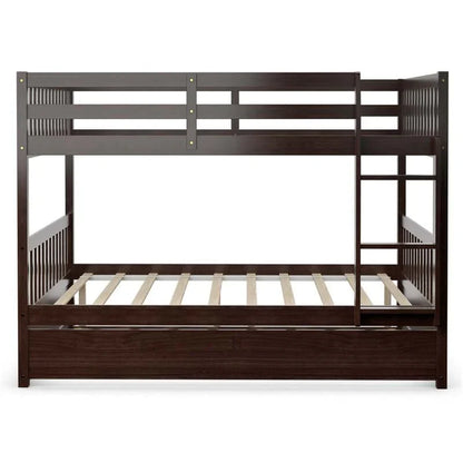 Solid Wood Full Over Full Bunk Bed Frame with Trundle, Safety Ladder & Guardrails, Convertible Bunk Bed for Kids Teens
