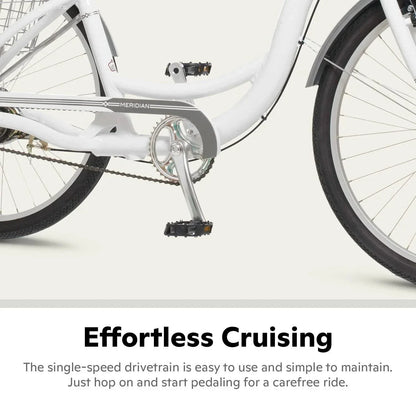 Schwinn Meridian Adult Tricycle Bike Mens and Womens Three Wheel Beach Cruiser 26-inch Wheels Low Step-Through Frame Wide Seat Rear Folding Basket Sin