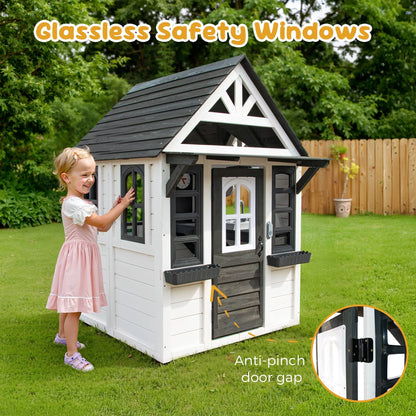 COCLUB Outdoor Playhouse for Kids Ages 4-8, Wooden Play House with Doorbell, Phone, Kitchen Toys, Outdoor Kids Play Equipment, Casa Para Ni?as (45L x 65H), White & Black