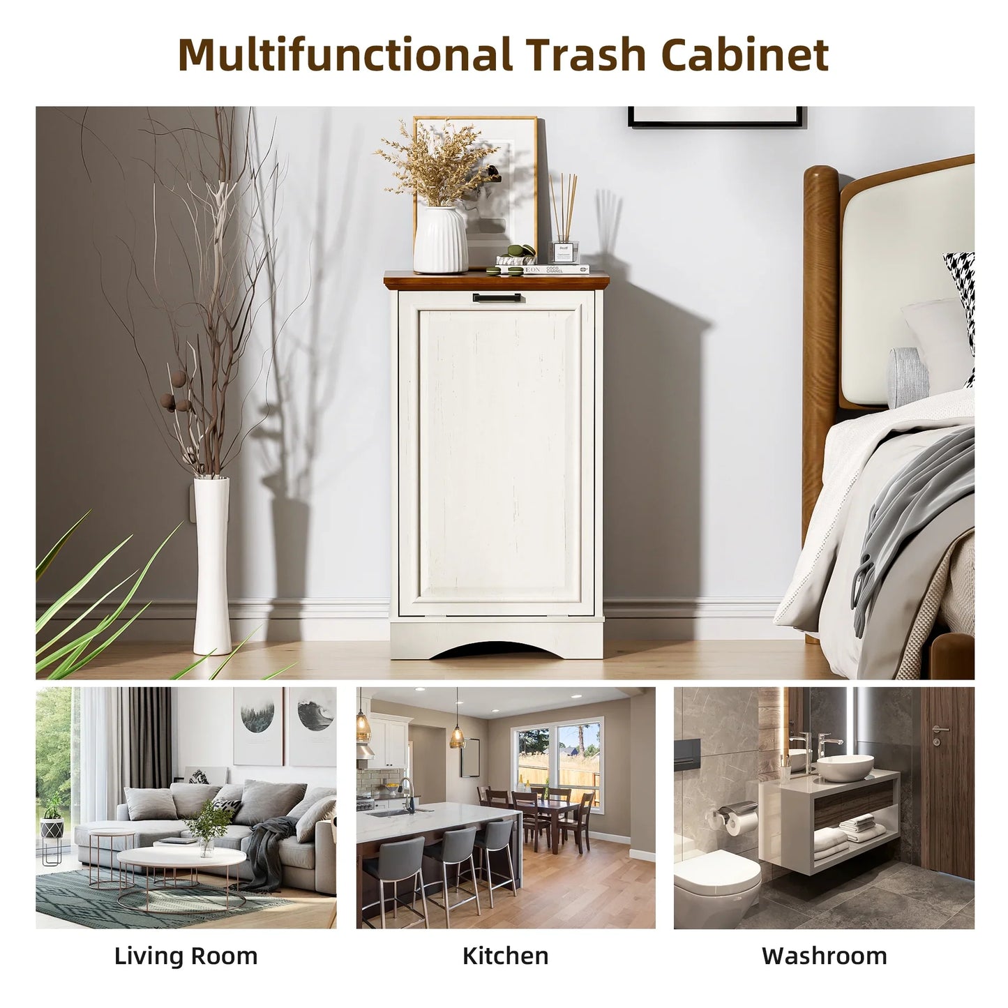 HARIPUL Single Tilt Out Trash Cabinet for 13 Gallon Waste Bin, Free Standing Kitchen Trash Can Cabinet with Drawers, White