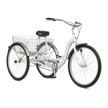 2025 Schwinn Meridian Adult Tricycle, Men's and Women's Beach Cruiser, 26-inch Wheels, Low Step-Through, Wide Saddle, Folding Rear Basket.