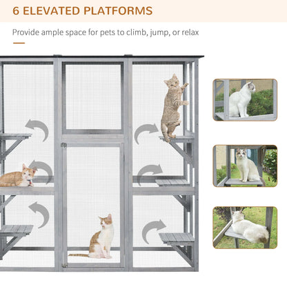 PawHut Wooden Catio Enclosure with Weather Protection, 6 Platforms, Outdoor, Large, 71" x 38.5" x 71"