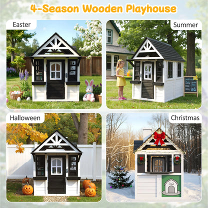 COCLUB Outdoor Playhouse for Kids Ages 4-8, Wooden Play House with Doorbell, Phone, Kitchen Toys, Outdoor Kids Play Equipment, Casa Para Ni?as (45L x 65H), White & Black