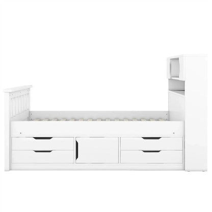 Twin/Full Size Captain Platform Bed with 4 Drawers and Storage Shelves, Solid Wood Bed Frame with Storage Bookcase Headboard