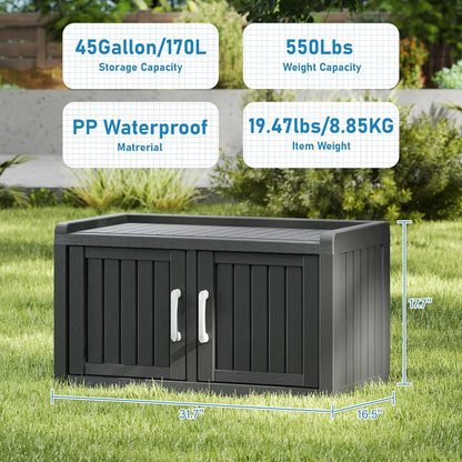 KAMABOKO Outdoor Shoe Storage Cabinet, Waterproof UV-Resistant Entryway Storage Bench Indoor Outdoor with 2 Barn Doors, Adjustable Shelves for Entryway, Bedroom, Hallway,Living Room(Black)