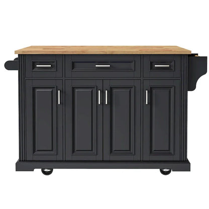 54  Large Kitchen Island with Rubber Wood Drop Leaf, Embossed Texture Rolling Kitchen Cart on 4 Wheels with 4 Doors & 3 Drawers