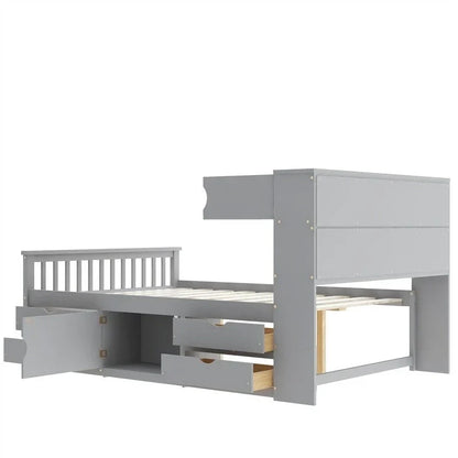 Twin/Full Size Captain Platform Bed with 4 Drawers and Storage Shelves, Solid Wood Bed Frame with Storage Bookcase Headboard