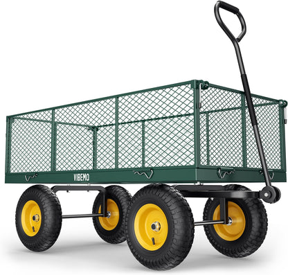 Steel Garden Cart, 2-in-1 1400 lbs Heavy Duty Utility Wagon, with Removable Mesh Sides to Convert into Flatbed, 240 U-Turn 13" Pneumatic Tires Garden Wagon for Farm Yard Lawn Garden Camping