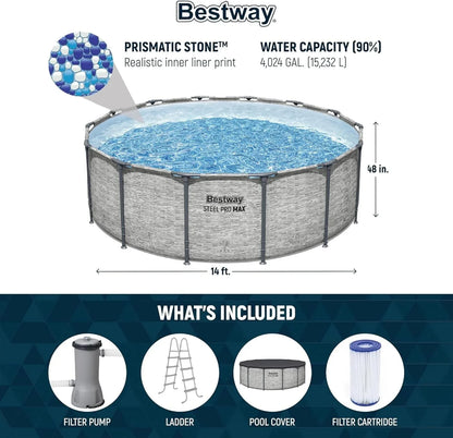 Steel Pro MAX 14 Foot x 48 Inch Round Metal Frame Above Ground Outdoor Swimming Pool Set with 1,000 Filter Pump, Ladder, and Cover, Gray