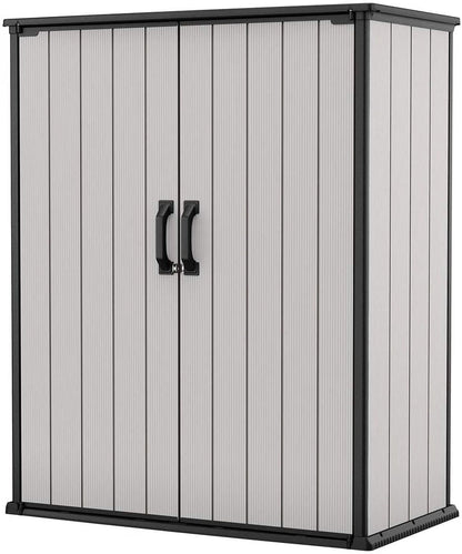 Keter Premier Tall Vertical Durable Resin Outdoor Storage Shed With Floor and Locking Double Doors, Grey