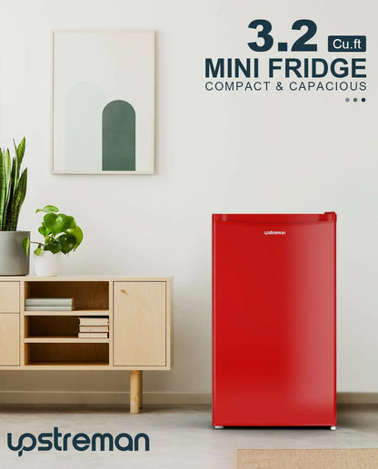 Upstreman 3.2 Cu.Ft Mini Fridge with Freezer, Single Door Mini Fridge, Dorm Fridge, Adjustable Thermostat, Mini Refrigerator for Bedroom, Office, Dorm, Black-BR321