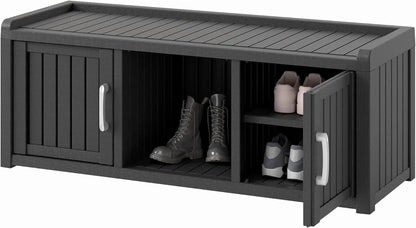 KAMABOKO Outdoor Shoe Storage Cabinet, Waterproof UV-Resistant Entryway Storage Bench Indoor Outdoor with 2 Barn Doors, Adjustable Shelves for Entryway, Bedroom, Hallway,Living Room(Black)