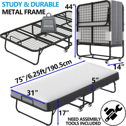 Folding Bed with Mattress 75" x 31" Cot Size Folded Bed, Rollaway Guest Bed Portable Foldable Extra Bed for Adults Daybed with 5" Memory Foam Mattress Space-Saving Sturdy Metal Grid Frame