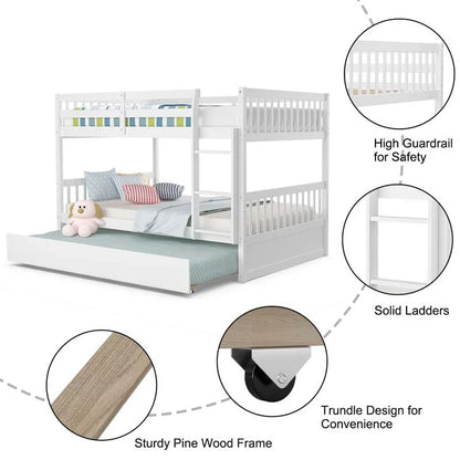 Solid Wood Full Over Full Bunk Bed Frame with Trundle, Safety Ladder & Guardrails, Convertible Bunk Bed for Kids Teens