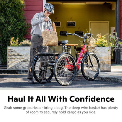 2025 Schwinn Meridian Adult Tricycle, Men's and Women's Beach Cruiser, 26-inch Wheels, Low Step-Through, Wide Saddle, Folding Rear Basket.