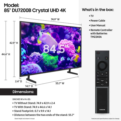 Samsung 85 Crystal UHD 4K Smart TV DU7200B with PurColor, HDR and Tizen OS C 2024 Model