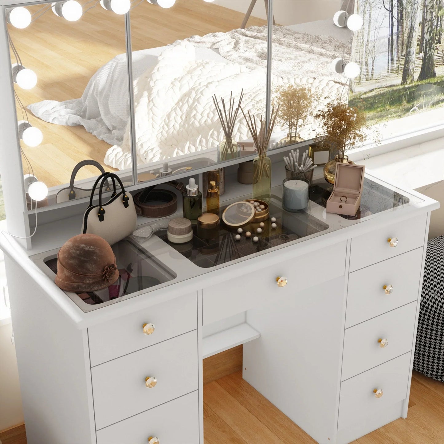 Makeup Vanity w/Tri-Fold Mirror Certified Lighting Glass Top Dresser