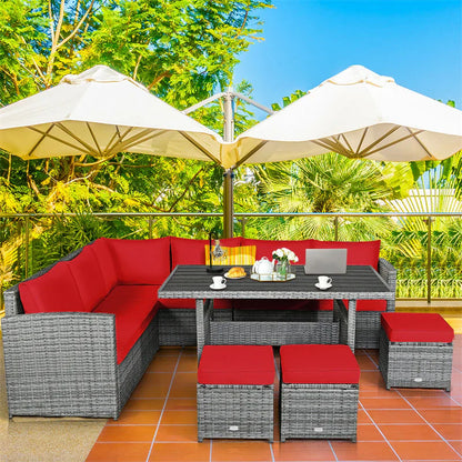 7 Pcs Rattan Patio Dining Furniture Sectional Sofa Set with Dining Table, Ottomans & Cushions