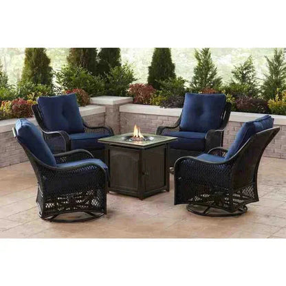 2025 5-piece steel patio fire pit seating set with navy blue cushions, swivel gliders and square fire pit table