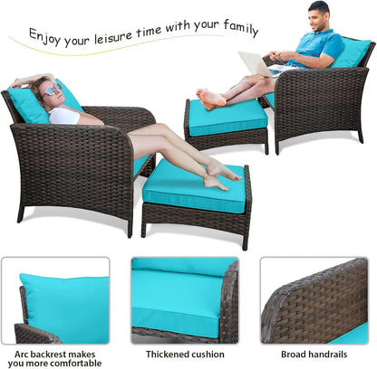 LEVELEVE Balcony Furniture 5 Piece Patio Conversation Set, PE Wicker Rattan Outdoor Lounge Chairs with Soft Cushions 2 Ottoman&Glass Table for Porch, Lawn-Brown Wicker