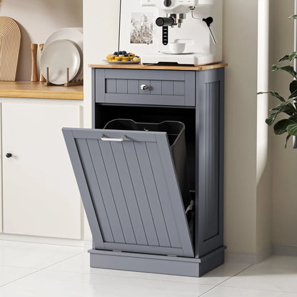 HARIPUL Single Tilt Out Trash Cabinet for 13 Gallon Waste Bin, Free Standing Kitchen Trash Can Cabinet with Drawers, White