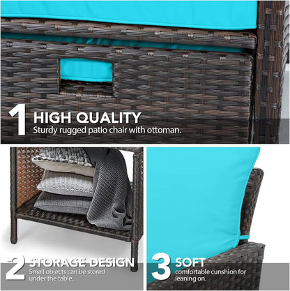 LEVELEVE Balcony Furniture 5 Piece Patio Conversation Set, PE Wicker Rattan Outdoor Lounge Chairs with Soft Cushions 2 Ottoman&Glass Table for Porch, Lawn-Brown Wicker