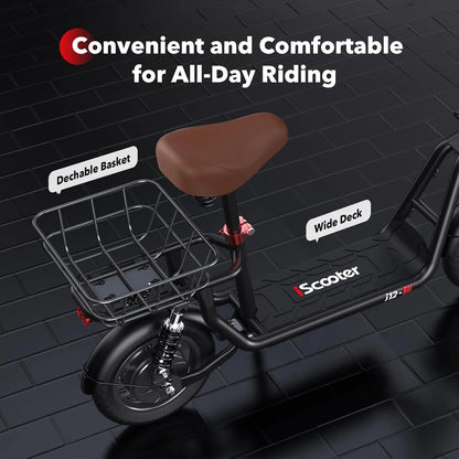 iScooter electric scooter with seat, 37/21 mile range, 28/19/15.6 mph top speed, dual suspension scooter with basket
